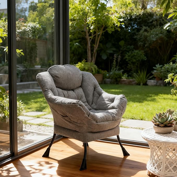 HollyHOME Lazy Chair with Armrest and Side Pocket Comfy Accent Lounge ChairLeisure Sofa Armchair for Living Room Bedroom Dorm or Small Spaces Oversized Reading Sofa ChairCotton-Linen Grey