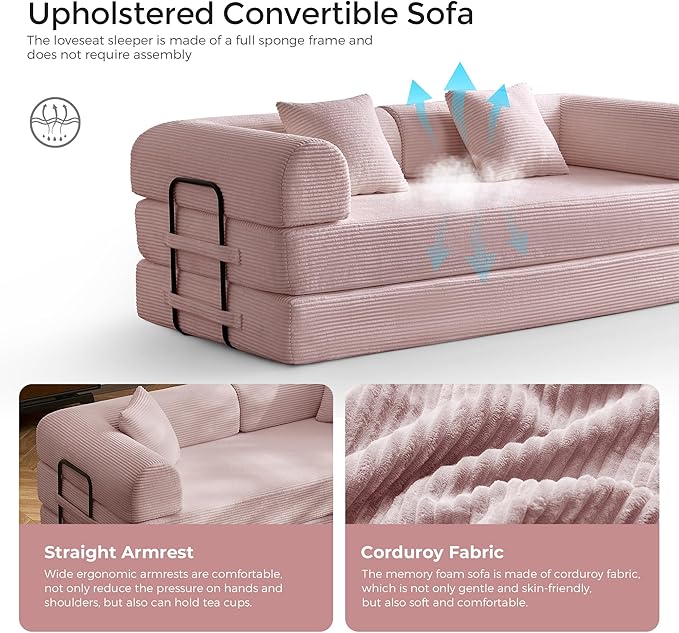 79 Floor Sofa Bed Convertible 5-in-1 Sleeper Sofa with Non-Slip Base Corduroy Couch Expandable Design No Tools Needed for Home Guest Room (Pink)