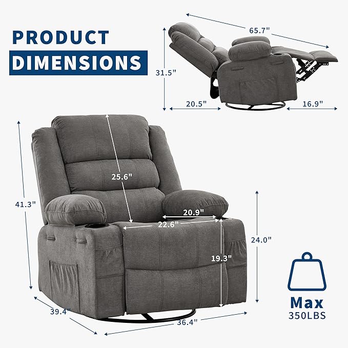 360° Swivel Recliner Chair for Adult Linen Rocker Chair with 3 Positions/2 Side Pockets/Cup Holders Manual Nursery Glider Rocking Chair for Bedroom Living Room Office