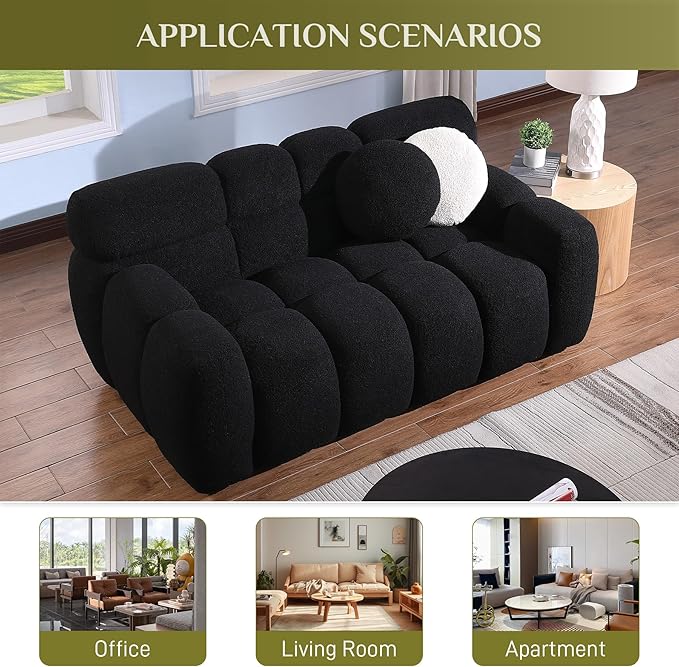 65 Boucle Loveseat Sofa Comfy Upholstered Sherpa Deep Seat Cloud Couch Cozy Modern Tufted 2-Seater Love Seat with 2 Pillows for Living Room Apartment Bedroom Black