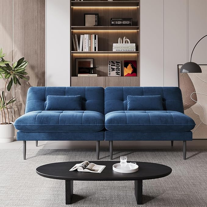 70 inch Convertible Futon Sofa Bed Velvet Sleeper Sofa with Adjustable Backrest Thick Fill and Convertible Modules 4 in 1 Loveseat Couch for Living Room Blue