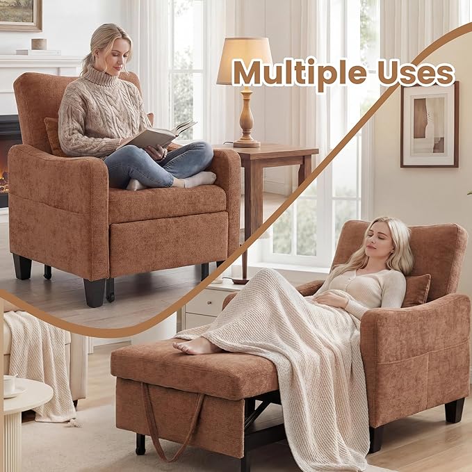 3 in 1 Convertible Sofa Bed Chair Pull Out Single Sleeper Chair Bed with Adjustable Backrest Modern Lounge Sofa for Small Space Orange