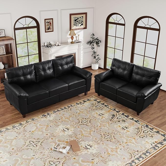 Faux Leather Sofa Couch and Loveseat Sets with Hidden Storage &amp Tufted Backrest Mid Century Modern Couch Deep Seat Comfy Chesterfield Sofa for Living Room Office(Loveseat + 3 Seater Sofa Black