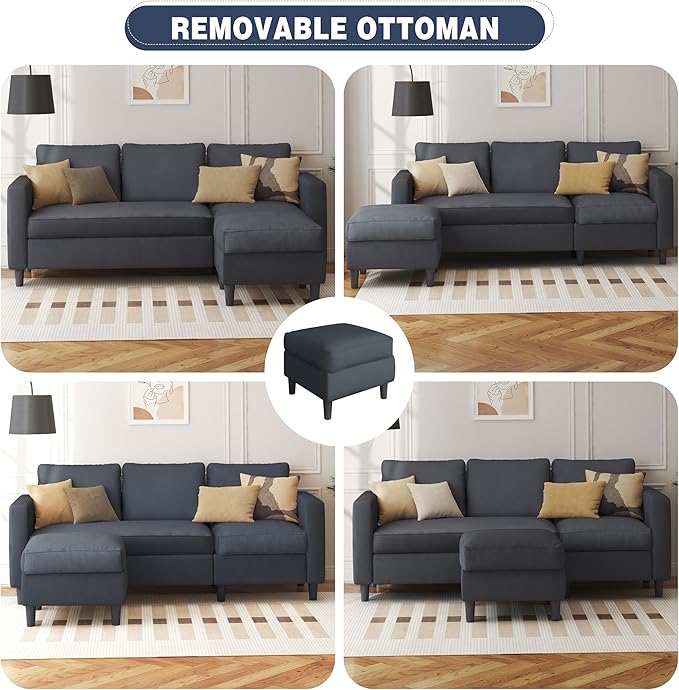 Shintenchi Convertible Sectional Sofa CouchL-Shaped Modular Sofas with Reversible Ottoman3-Seat Upholstered Corduroy Sofa CouchSmall Couches for ApartmentLiving Room and Office(Dark Grey)