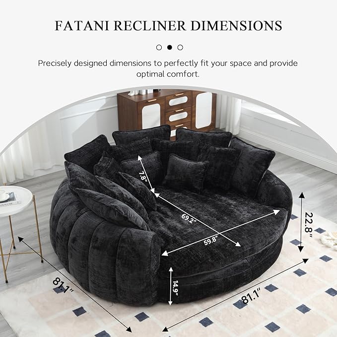 81.1 Oversized Round Chaise Lounge Chair Extra-Wide 2-Person Accent Chair with 14 Pillows Comfy Cloud Sleeper Sofa for Living Room (Black)