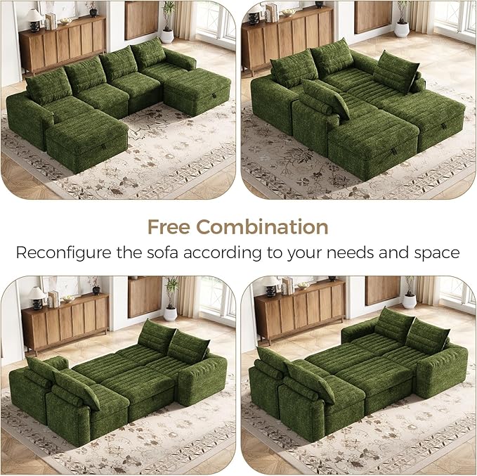 136 Modular Sectional Sofa with Deep Seat U-Shaped Cloud Couch for Living Room 4-Seater Boneless Sofa with 2 Ottomans Flexible Combination Modern Upholstery Sofa No Assembly Required Algae Green