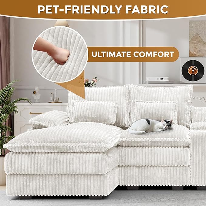 124 Cloud Couch Sectional U Shaped White Sectional Couches for Living Room Plush Soft Comfy Fluffy Corduroy Couch Sectionals Modular Sectional Sofa with Chaise &amp Central Console