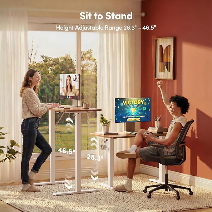 FEZIBO Standing Desk 63×28 Inches Electric Height Adjustable Sit Stand Up Computer Office Desk with Splice Board White Frame/Light Rustic TOP