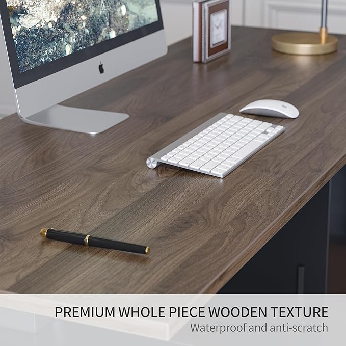 FEZIBO L Shaped Standing Desk 63 inch Executive Standing Desk Adjustable Height Desk with Storage Drawers for Home Office Deep Wood Grainy