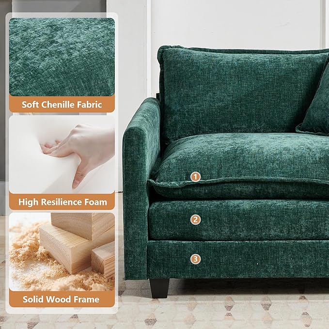 Setawix Modern Modular Sectional Sofa 78 Upholstered Chenille Loveseat Comfy 2-Seater Sofa Oversized Deep Seat Fluffy Cloud Couch with 2 Throw and Arm Pillows for Living Room Bedroom Office Green