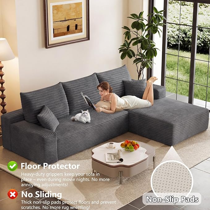 Modular Sectional Sofa Cloud Sectional Couch95Comfy Fluffy L-Shaped Couches for Living RoomDeep Seat Memory Foam Plush Corduroy Boneless Couch Sectionals No Assembly(Dark GrayRight-Facing Chaise)