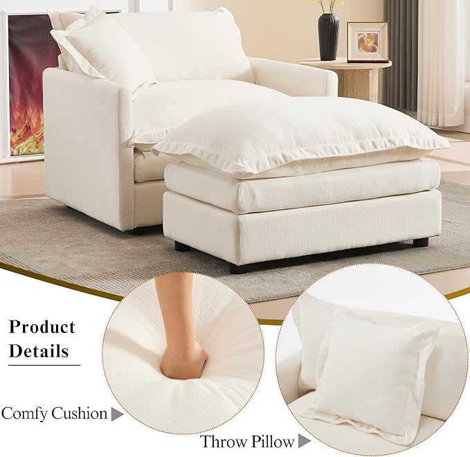 Oversized Chair with Ottoman Upholstered Comfy Single Sofa Chaise Lounge Chair Indoor for Reading Living Room Bedroom Office(Linen White)