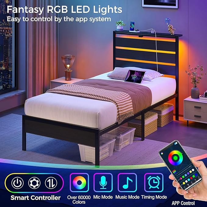 Rolanstar Bed Frame Twin Size with USB Charging Station LED Bed Frame with Wood Storage Headboard Black Metal Platform Bed with Under Bed Storage No Box Spring Needed Noise Free