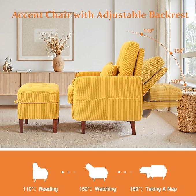 Accent Chairs with Storage Ottoman Corduroy Fabric Armchair with Adjustable Backrest and Side Pockets Mid Century Modern Reading Sofa Chair for Living Room Bedroom-Orange Set of 1