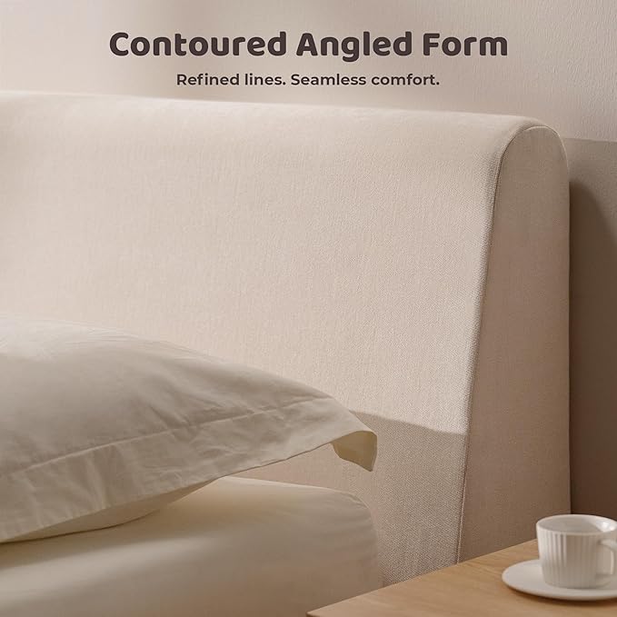 RECCI AirFrame Full Size Bed Frame with Ergonomic Angled Foam Cushioned Headboard Minimalist Design Platform Bed Frame No Box Spring Needed Easy Assembly (Beige Chenille)