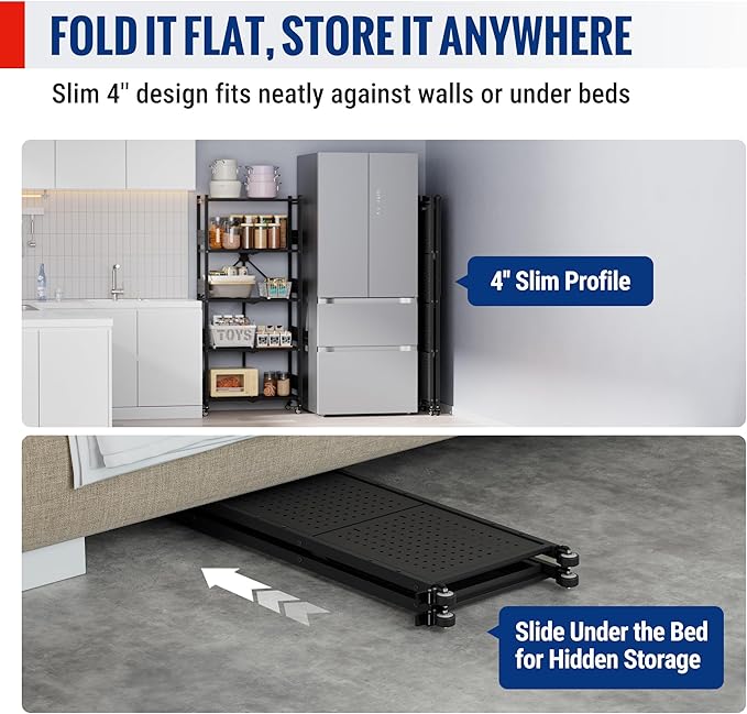 WORKPRO 5-Tier Folding Shelf No-Assembly Metal Storage Rack with Wheels 750 lbs Capacity (with Leveling Feet) Collapsible Shelving Unit for Kitchen Pantry Bathroom &amp Closet Organization