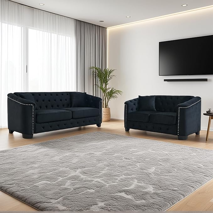 2 Piece Modern Chesterfield Velvet 77 3-Seater + 59 Loveseat Sofa Set Upholstered Tufted Backrests with 8 Nailhead Arms and 4 Cushions for Living Room (Black 77 3-Seater + 59 Loveseat Sofa Set)