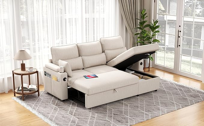 Sectional Sleeper Sofa with Pull Out Couch Bed with Storage Chaise for Living Room Comfy Linen Modular Sectional Sofa with Dual USB &amp Type-C Cup Holders (Beige 81 Inches)