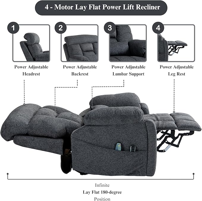 4-Motor Lay Flat Power Lift Recliner Chair with Heat &amp Massage - Power Adjustable Headrest Backrest Lumbar &amp Legrest - Big Tall Recliners 4-Point Massage (Seat Heating)