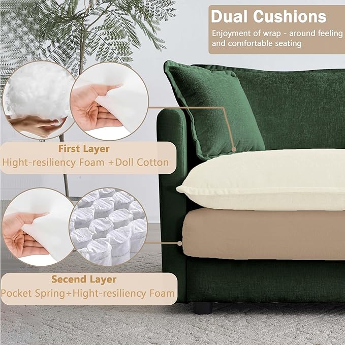 Sectional Sofa 4 Seater with Movable 2 OttomansOversized Modular Couch Deep Seat (Green 146.5 inch-U)