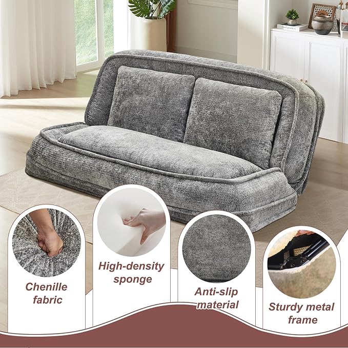 Human Dog Bed Lazy Sofa Couch Plush Floor Gaming Chair5 Adjustable Position sit Sleep fold Suit to Put in Bedroom Living RoomSpace Saving Design (Gray 2 Seat)