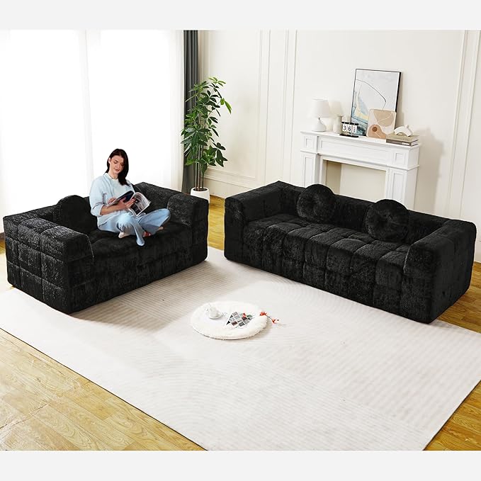 2 Piece Modern Boneless 86 3 Seater + 66 Loveseat Sofa with Two Throw Pillows Lychee-textured Long-pile Polyester Fabric Checkered Fabric Design Foam Couch (Black 3-Seater+Loveseat Sofa)