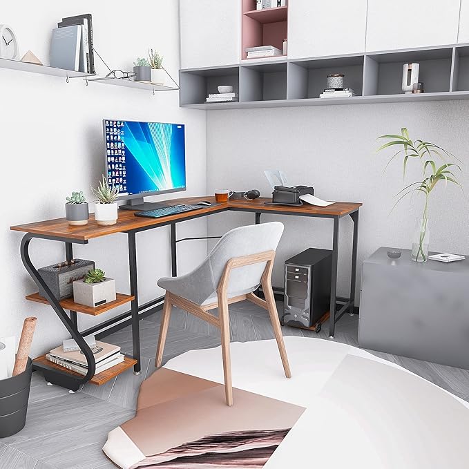 Weehom Reversible L Shaped Desk with Shelves Large Corner Computer Desk Gaming Desks for Home Office Writing Workstation Wooden TableRustic Brown