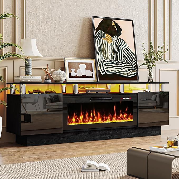 70 Modern Fireplace TV Stand with 36 Electric Fireplace for TVs Up to 80 inch Luxury LED Light Entertainment Center with High Gloss Cabinet TV Consoles for Living Room Black