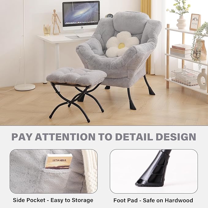 Tiita Lazy Chair with Ottoman Light Grey Modern Large Accent Armchair Comfy Leisure Sofa Reading Chair with Footrest for Bedroom Living Room Dorm Rooms Garden Plush Light Grey