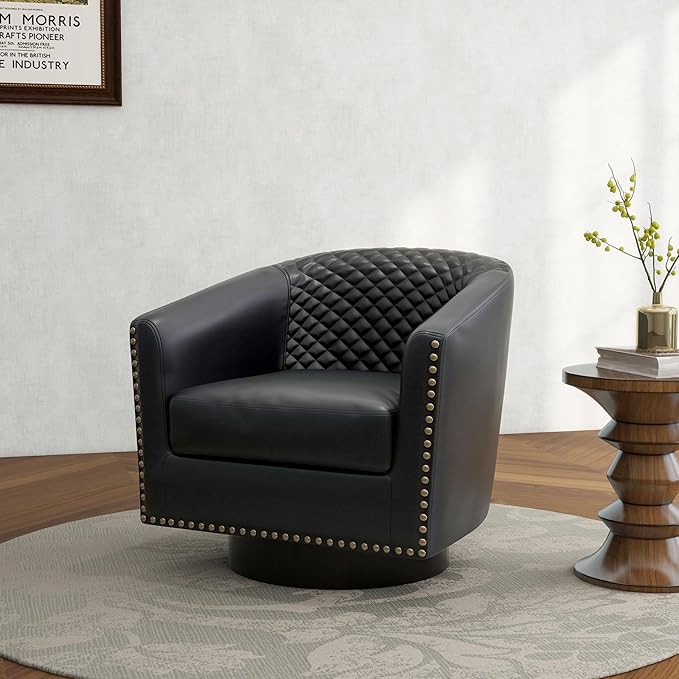 Swivel Barrel Accent Chair Comfy Modern Upholstered Round Faux Leather Arm Chair for Living Room Bedroom（Black Set of 4