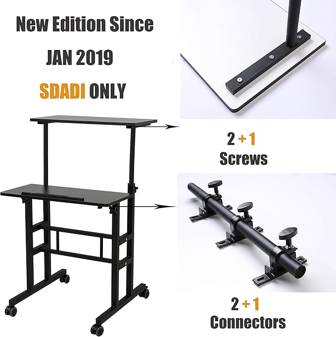 SDADI 2 Inches Carpet Wheels Mobile Desk Stand Up Height Adjustable Home Office with Standing and Seating 2 Modes for Room Black