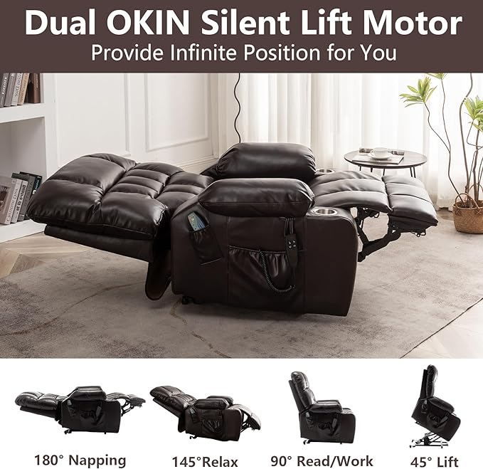 Oversized Power Recliner Chair for Big and Tall 400 LBS 25.5 Extra Wide Electric Lift Chair with Heat and Massage Dual Motor 180° Lay Flat Recliner Living Room Sofa PU Leather Big Recliner