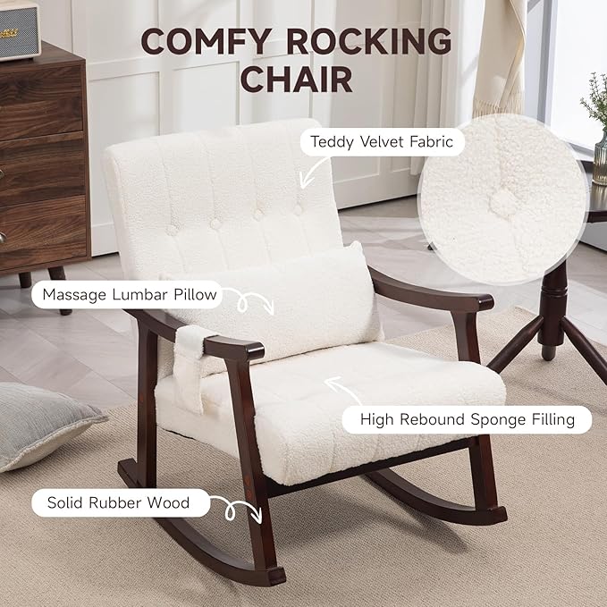 AVAWING Teddy Upholstered Rocking Chair Set of 2 Small Glider Rocker with 2-Point Massage Lumbar Pillow and Solid Wood Legs for Nursery and Living Room White