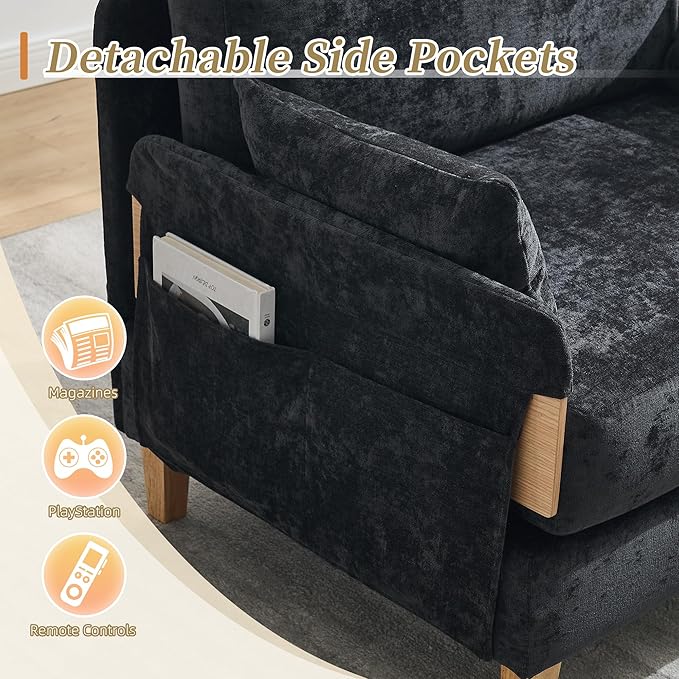 TTK 3-in-1 Foldable Sofa Bed Recliner Sleeper Mid-Century Modern Convertible Sofa Chair with 3 Pillows Space-Saving Design for Small Spaces Bedroom Study &amp Guest Room Black