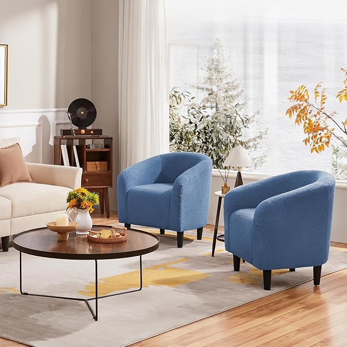 Yaheetech Accent Barrel Chair Boucle Fabric Club Chair Furry Sherpa Elegant Armchair with Cozy Soft Padded Suitable for Living Room Bedroom Reception Room Office Blue