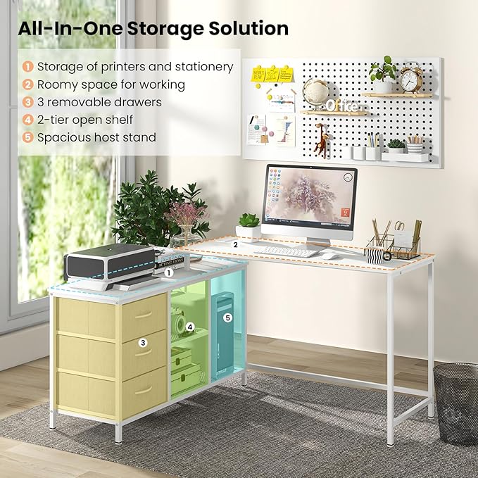 Giantex L Shaped Computer Desk with Drawers 81 Convertible Corner Desk with Charging Station and Storage Shelves Study Writing Desk Modern Long Corner Gaming Table for Home Office (White)