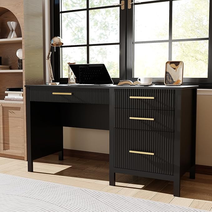 Black Computer Desk with Storage: 54 Wooden Executive Office Desk with 4 Drawers Home Office Desks with File Drawers Fluted Writing Desks for Study Living Room