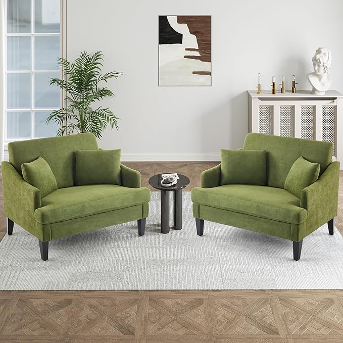 Bezseller Oversized Accent Chairs Set of 2 41'' Wide Seat Comfy Armchair with 2 Pillows Upholstered Big Reading Chair Modern Single Sofa Chair for Living Room Bedroom Apartment Office Green