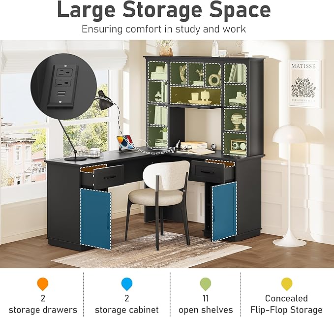 L-Shaped Executive Desk Writing Desk Office Study Workstation with Storage Cabinets and Bookcases Wood Home Office Computer Desk for Living Room Study Room (Black-11.8)
