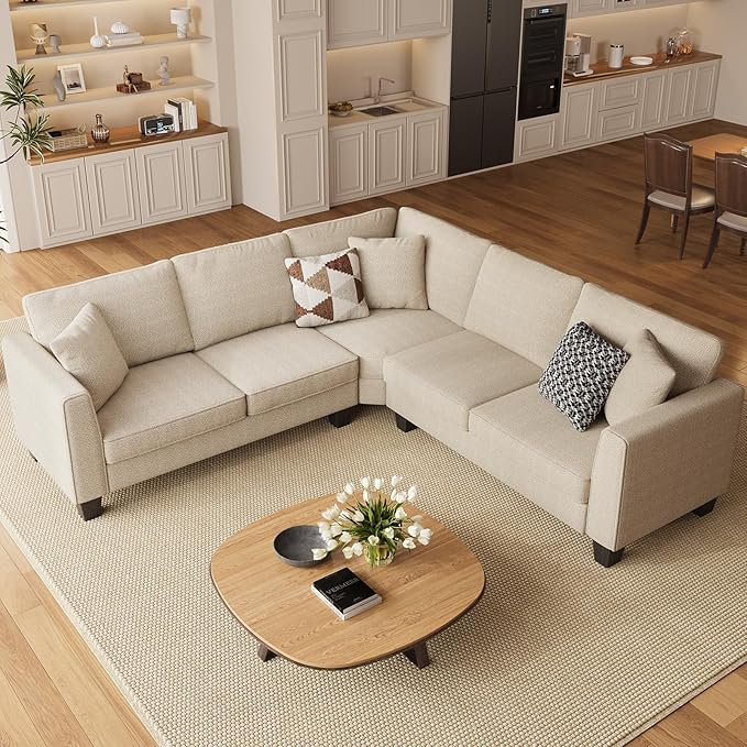 ONBRILL L Shaped Couch Small Corner Sectional Sofa for Living Room Comfy Chenille L Shape Sofa with 3 Throw Pillows Easy Assembly Convertible Sectional Sofa Couches for Apartment Beige