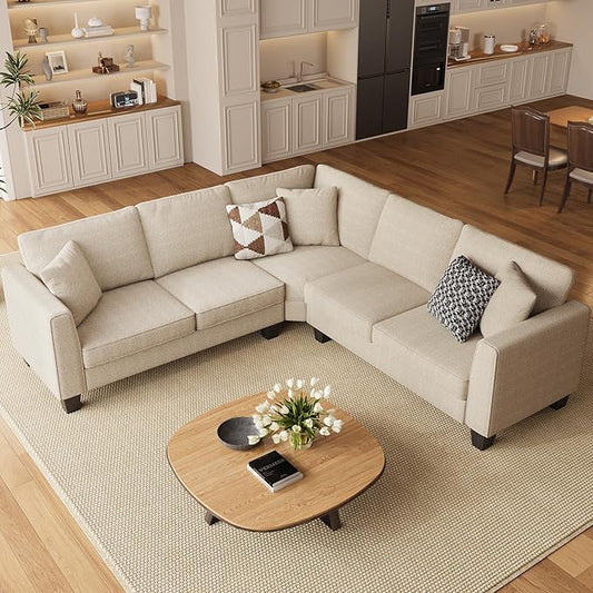ONBRILL L Shaped Couch Small Corner Sectional Sofa for Living Room Comfy Chenille L Shape Sofa with 3 Throw Pillows Easy Assembly Convertible Sectional Sofa Couches for Apartment Beige