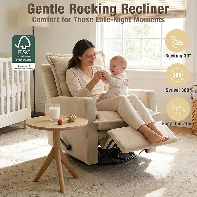 Euthymia Swivel Rocking Chair Nursery High Back Glider Rocker Recliner Chair for Small Spaces Manual Reclining Sofa for Living Room Bedroom Beige