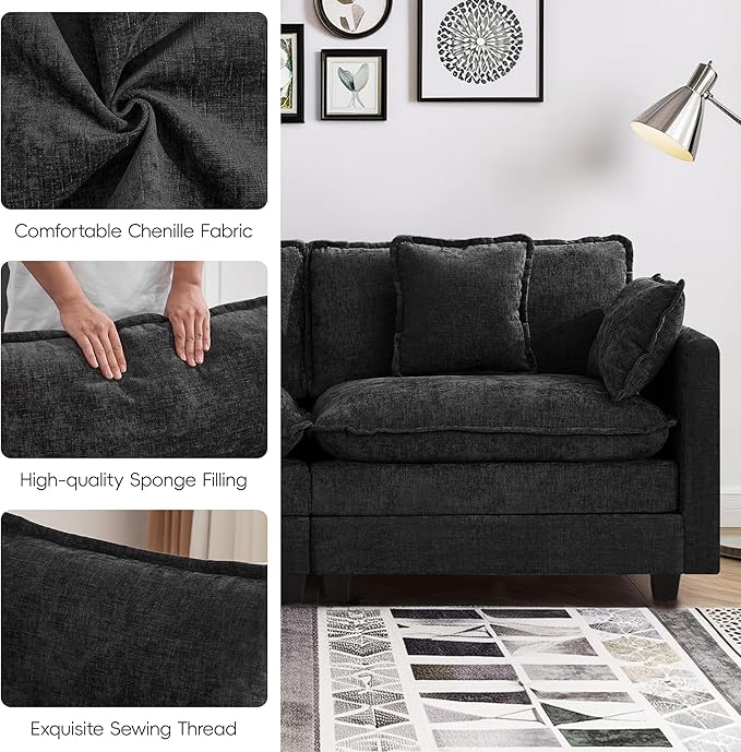 2-Seater Cloud Couch Oversized Comfy Modular Sectional Sofa with Deep Seat Cushions Chenille Loveseat for Living Room Apartment &amp Small Spaces Dark Grey