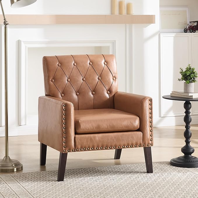 Mid Century Modern Accent Chair Light Brown Faux Leather Office Chair for Reception - Tufted Leather Club Chair for Living Room Bedroom or Waiting Room