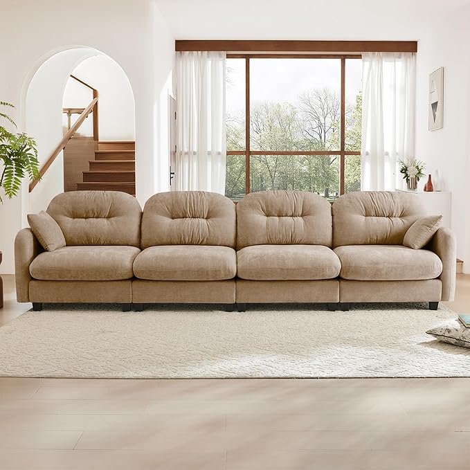 KEIKI 140 Oversized Chenille Modular Sectional Sofa with High-Density Foam Cushion and Tufted Pleated Cushion Backrest Upholstered Modern 4-Seater Cloud Couch with 2 Pillow for Living Room Camel