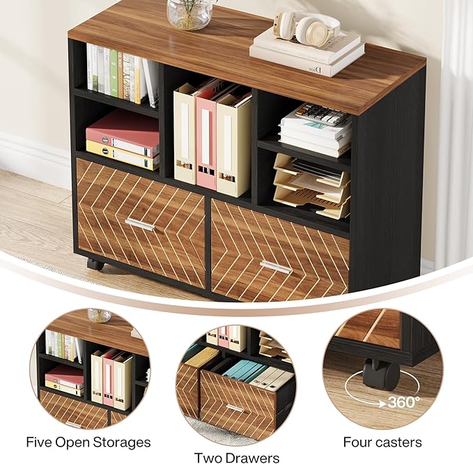 LITTLE TREE 63 L-Shaped Executive Office Desk with File Cabinet Combo Large Modern Office Desk for Home Office Reversible 2-Drawer Wood File Cabinet for A4/Letter Size Files(Brown &amp Black)