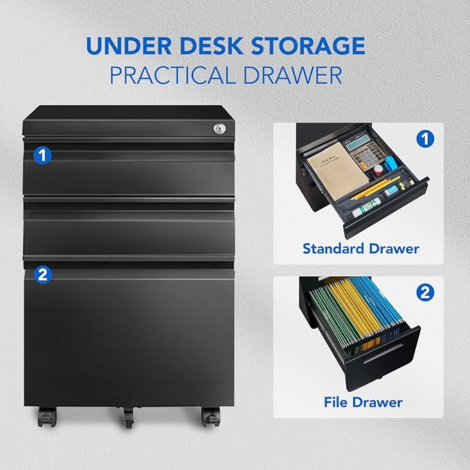 FLEXISPOT 3-Drawer Mobile File Cabinet for Home Office - Under Desk Storage Locking Keys Organizer for Legal/Letter/A4 Files Black