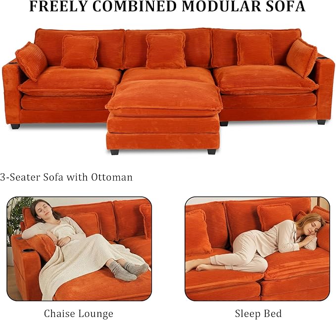 Gexpusm Modular Sectional Sofa99 Couches for Living RoomCorduroy Sofa with Ottoman &amp PillowCloud Sectional Couch with Cup Holders &amp USBSide Pockets3-Seat Corduroy Boneless Chair Indoor (
