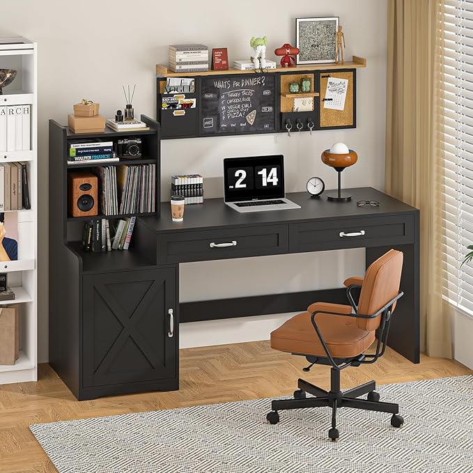 60 Computer Desk with 2 Drawer &amp Bookshelves Home Office Desk with Storage Cabinet &amp Spacious Desktop Writing Gaming Study Table with Bookcase Black