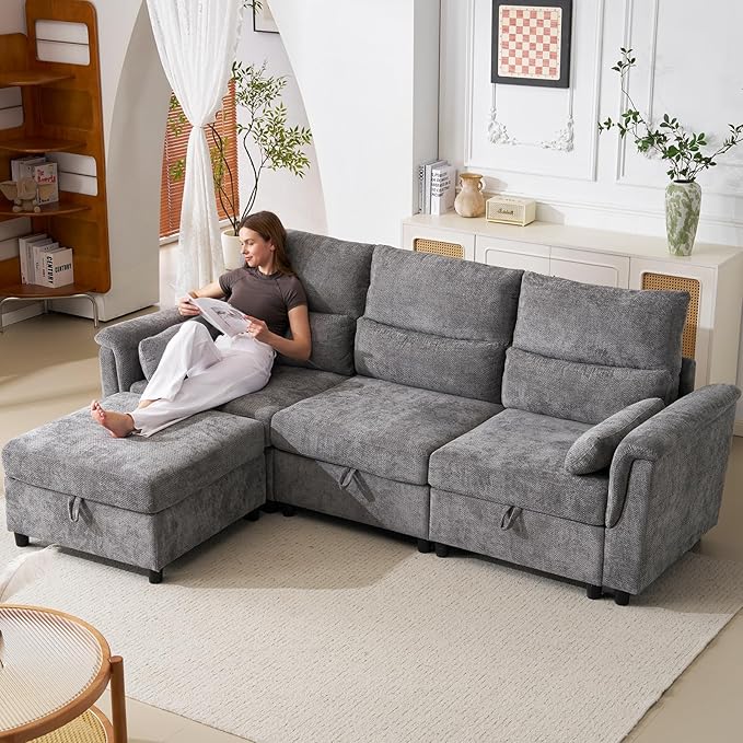 103'' L Shaped Couch Cloud Modular Sectional Sofa with Storage Extra Deep Seat Modern Chenille Sofa with Chaise Throw Pillows 4 Seat Convertible Sectional Couches for Living Room Grey